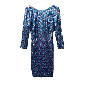 Sequined cocktail dress aqua, blue, gold geometric, 3/4 sleeve, size medium